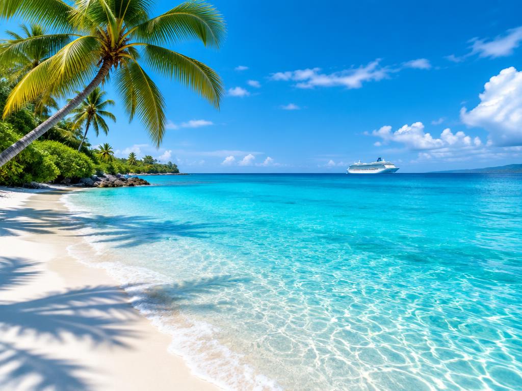 Turquoise beach with palm trees and a cruise ship